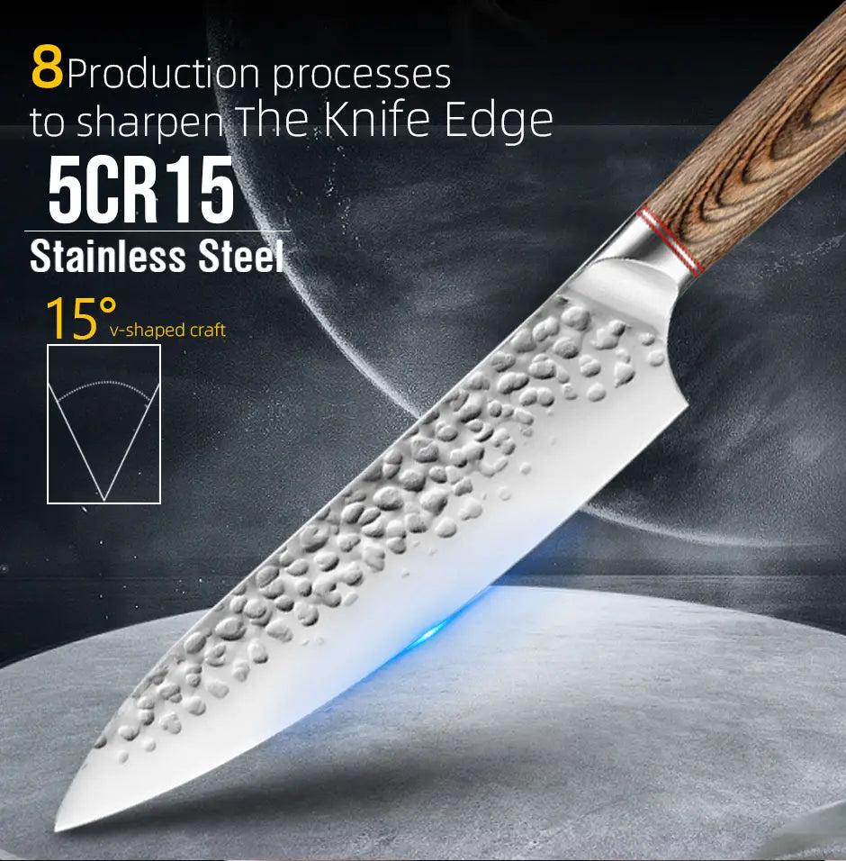 A sleek forged stainless steel chef knife featuring a hammered 5cr15 stainless steel blade and a warm-toned wooden handle.