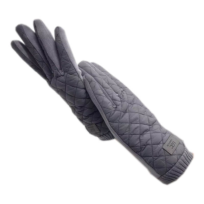 Gants d’hiver pour femmes en écran tactile thermiques matelassés gris, avec texture rembourrée douce et poignets côtelés, présentés du côté arrière