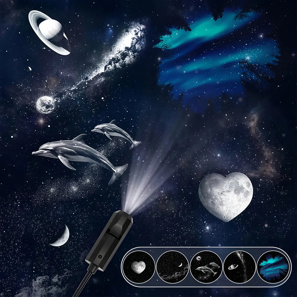 Lampe de projecteur mini LED noir à main projetant une scène cosmique avec des dauphins, des planètes et des aurores dans un produit projecteur mini LED « ciel étoilé galaxie ».