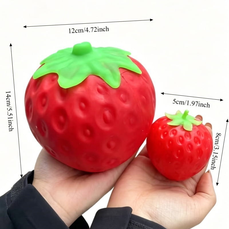 Jumbo strawberry slow rising sensory fidget toy is a red strawberry-shaped stress ball with a green leafy top made of soft silicone material.