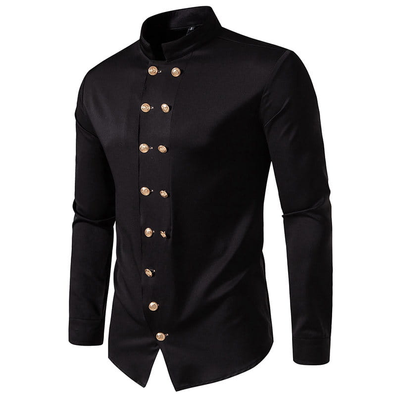 camisa gótica negra para hombre con cuello alzado y cruzada doble, en satén, con botones de tono dorado y cuello alzado