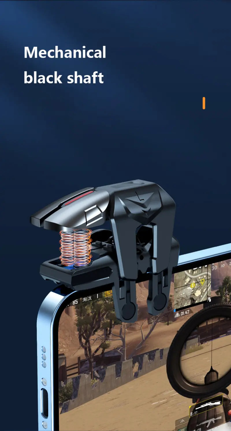 バネ式クリップとマット仕上げを備えた、iPhoneおよびAndroid向けのブラックの機械式PUBG Mobile用トリガーコントローラー。