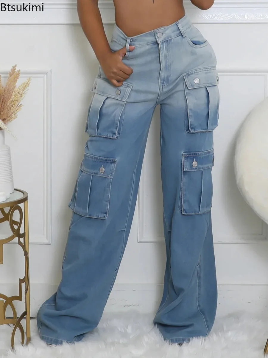 New Women's Casual Multi-pockets Denim Pants Spring Fashion High Waist Wide Leg Jeans Hip Hop Streetwear Females Baggy Trousers