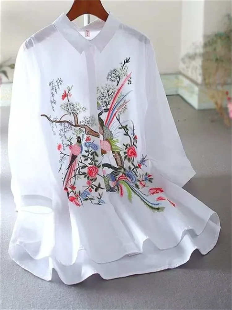 Literature Art Blouse For Women Shirt China Blusas Chic Embroidery Flower Blouses Loose Shirt Medium Length Vintage shirt Top