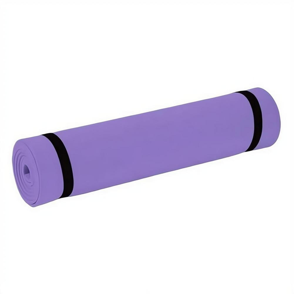 Purple portable Eva exercise mat with black elastic straps designed for fitness and camping use.