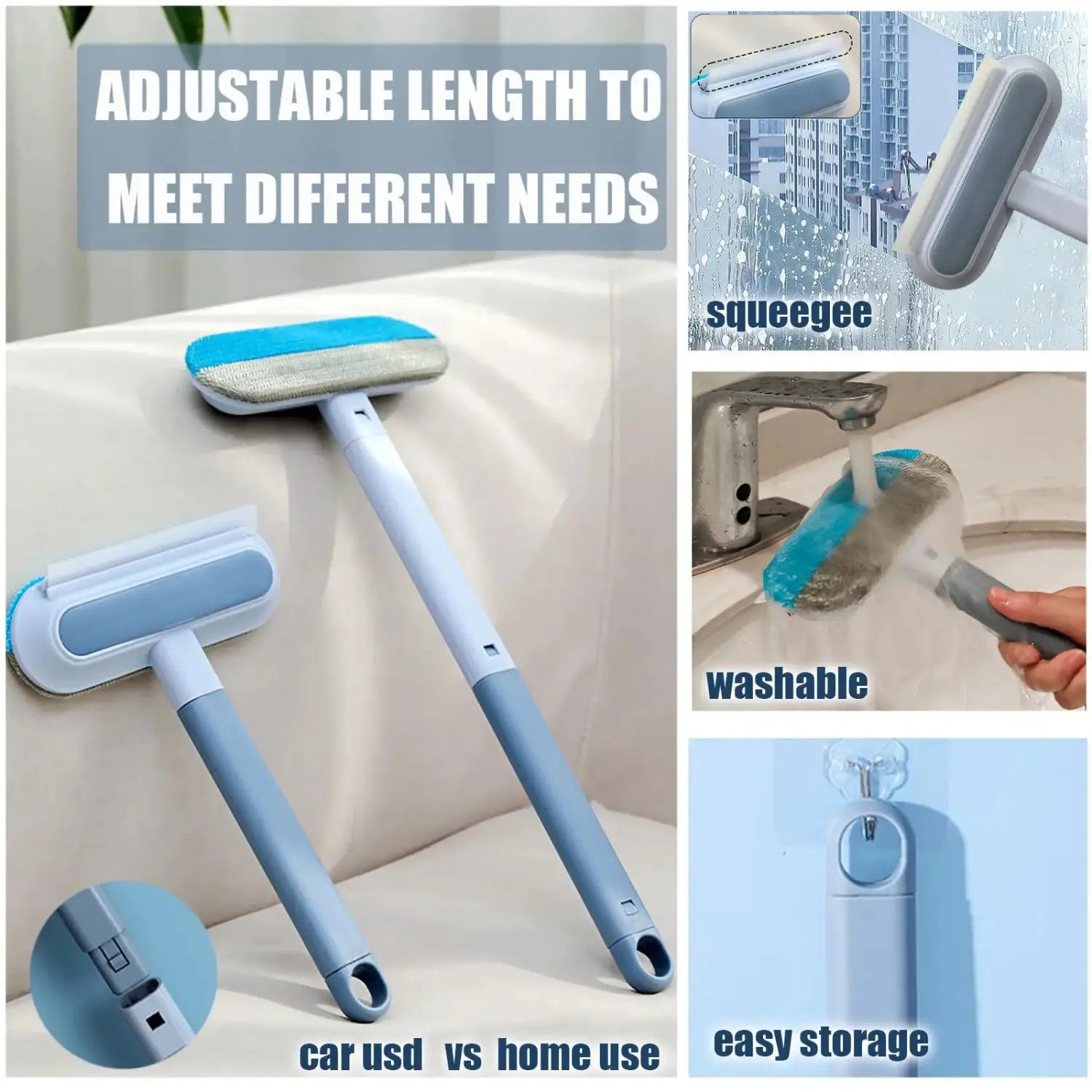 Blue and gray adjustable-length squeegee pet hair remover with a soft washable sponge head for versatile use on furniture and carpets