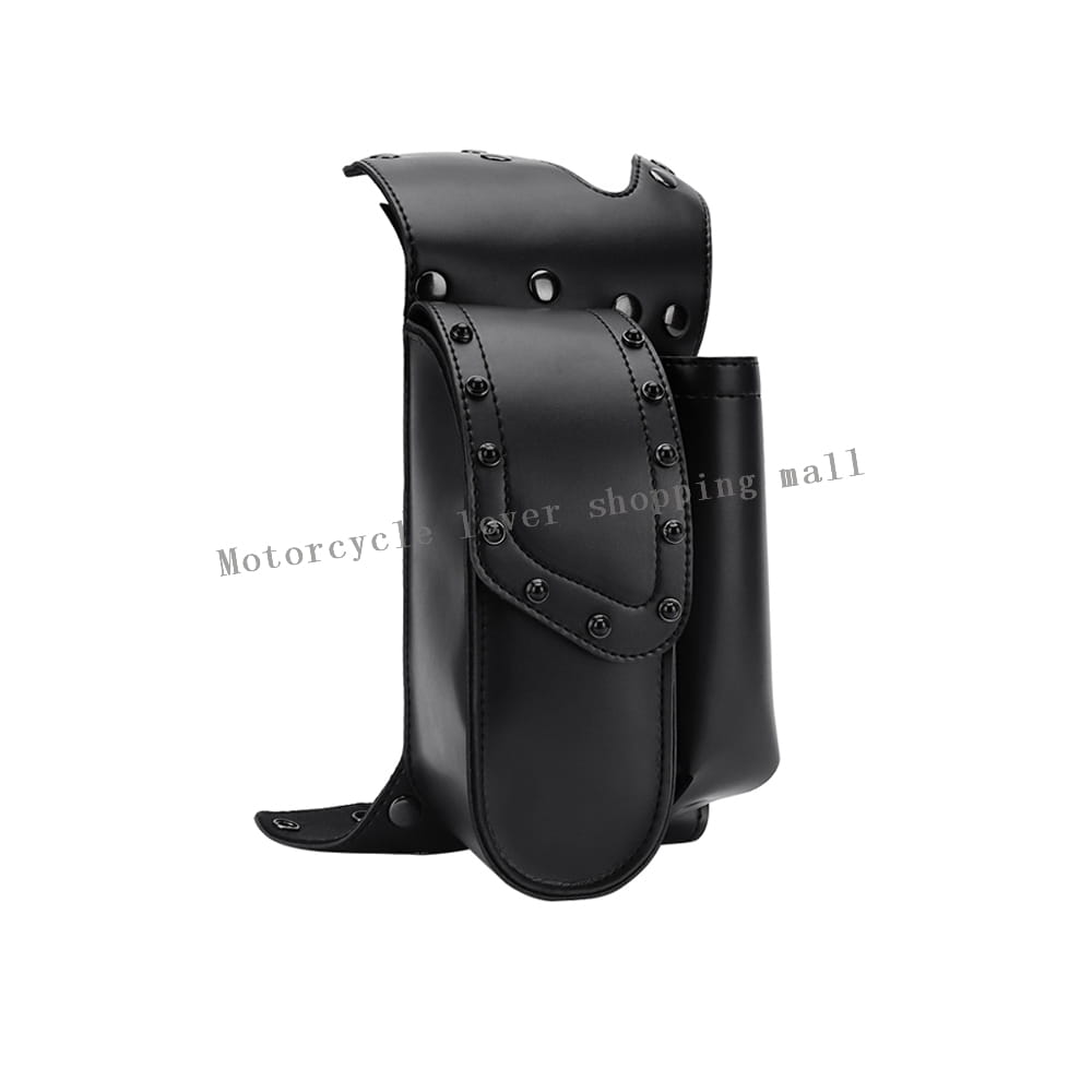 black leather harley touring saddlebag guard bag with studded detailing and side-mounted cylindrical compartment shown from the back side