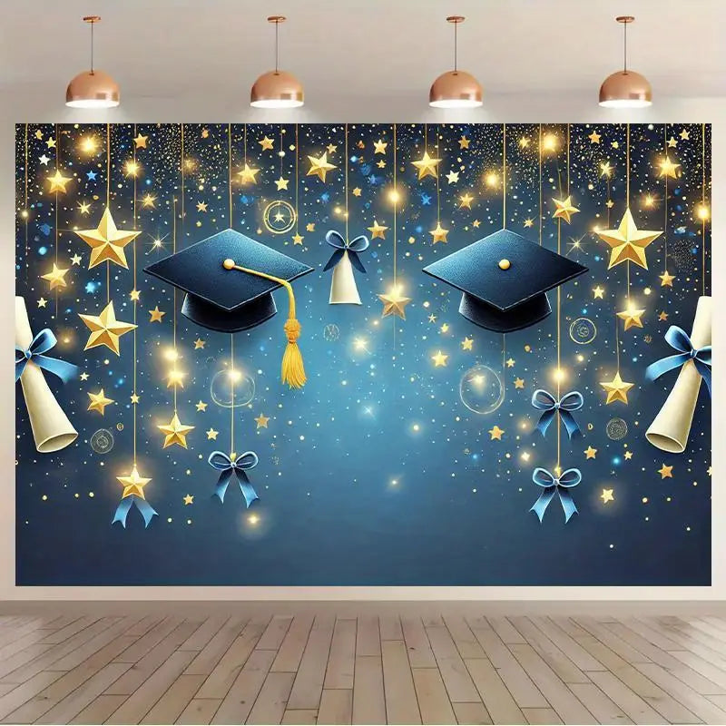 Blue graduation cap with gold tassel hanging against a starry backdrop in a graduation party backdrop sparkling stars diploma design.