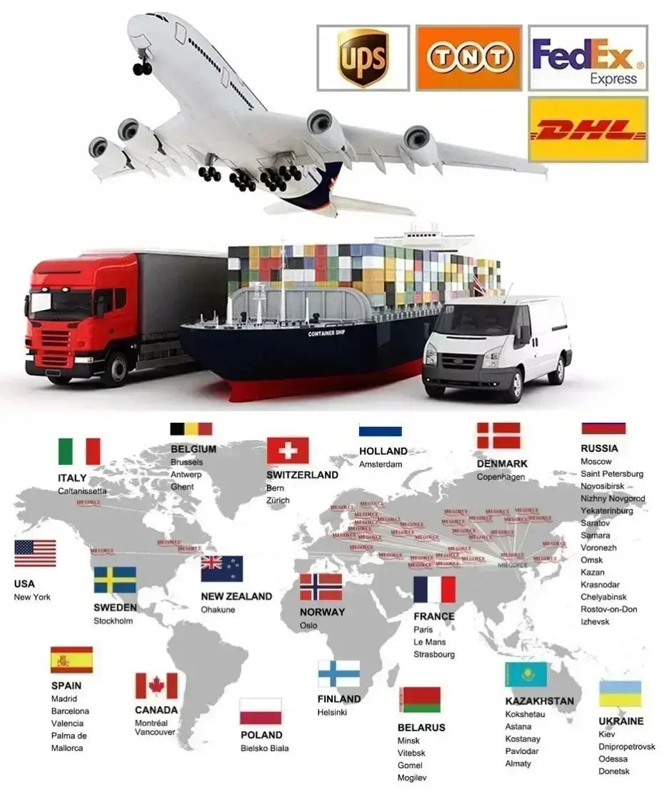 Avión de carga comercial blanco con puntas alares y tren de aterrizaje negros, situado sobre iconos de logística de envío, incluyendo los logotipos de UPS, TNT, FedEx Express y DHL, que ilustran una entrega rápida para pantalones cortos de entrenamiento para anime de gimnasio 2 en 1 con trabilla para la toalla que ofrece soporte durante el ejercicio.