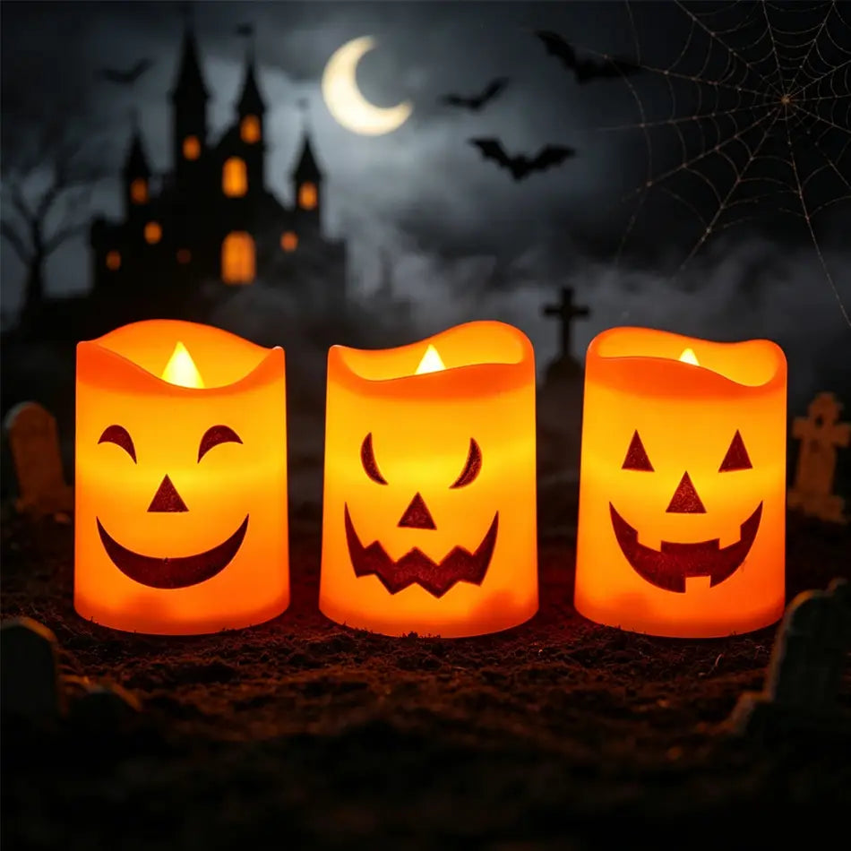 three glowing orange led jack-o-lantern candles with carved facial expressions for halloween decoration in a 6-pack set