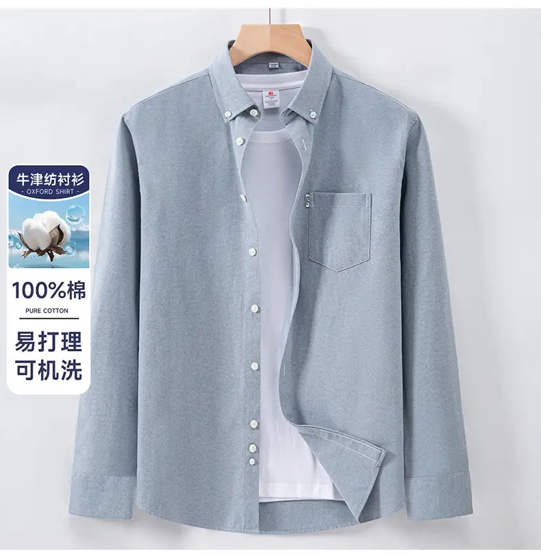 Light blue men cotton oxford long sleeve casual shirt made of 100 percent pure cotton with button-down collar and chest pocket.