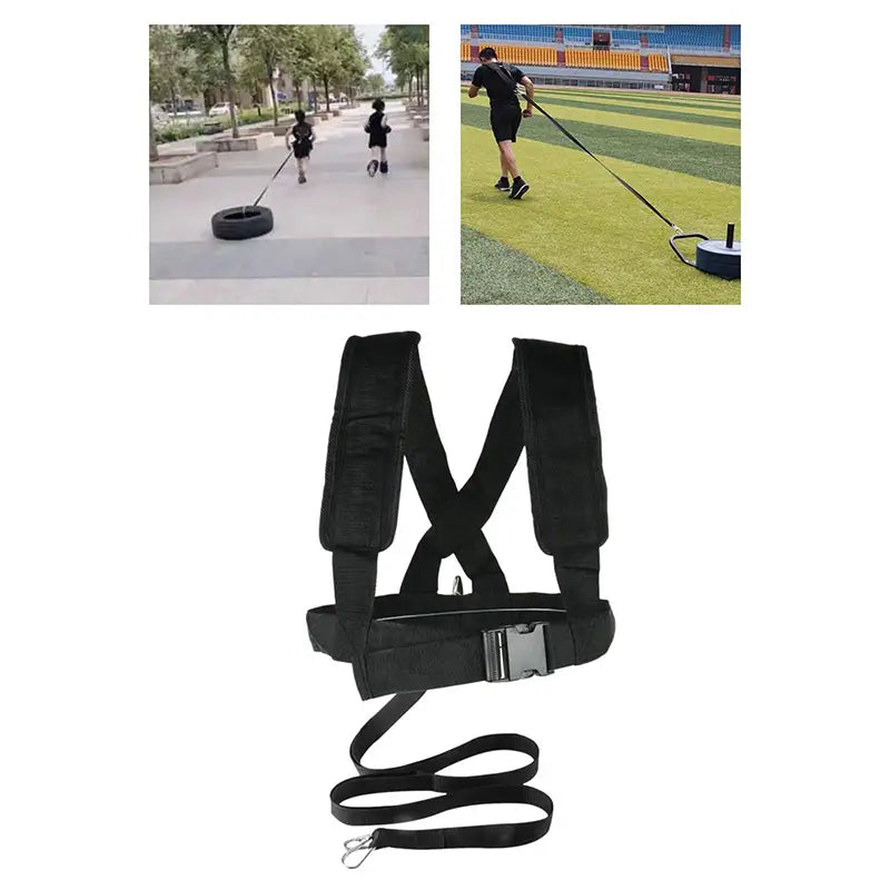 Black agility training resistance harness sled pull strap with adjustable straps and metal buckle designed for strength and conditioning exercises.