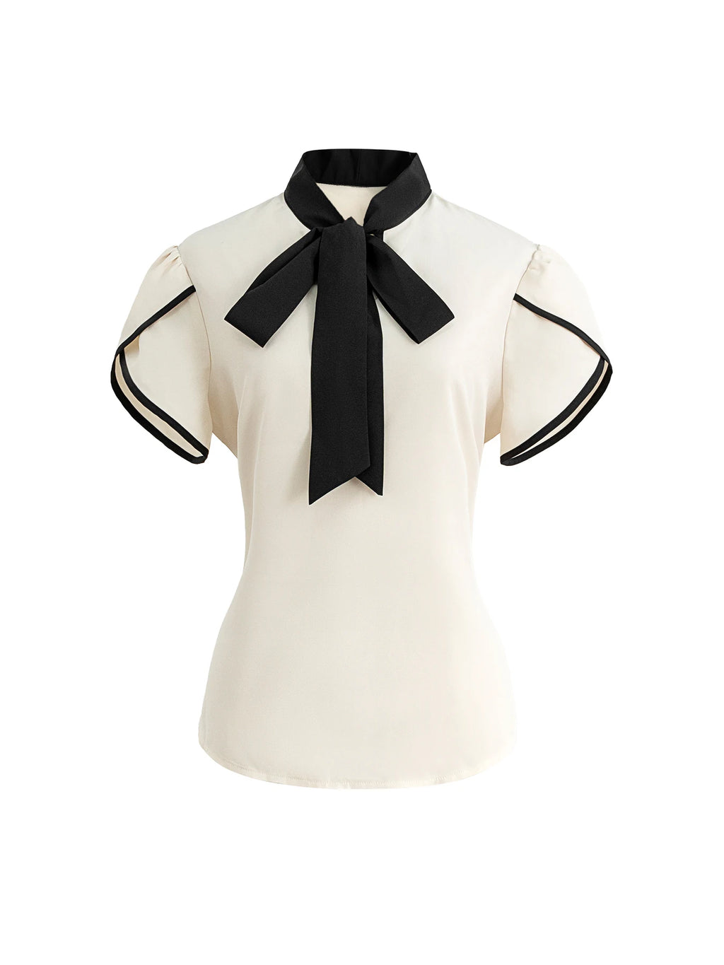 Women's Chic Basic Blouse Spring Summer Cream White Black Bow Tie Neck Puff Short Sleeve Valentine's Day Elegant Office Wear Top