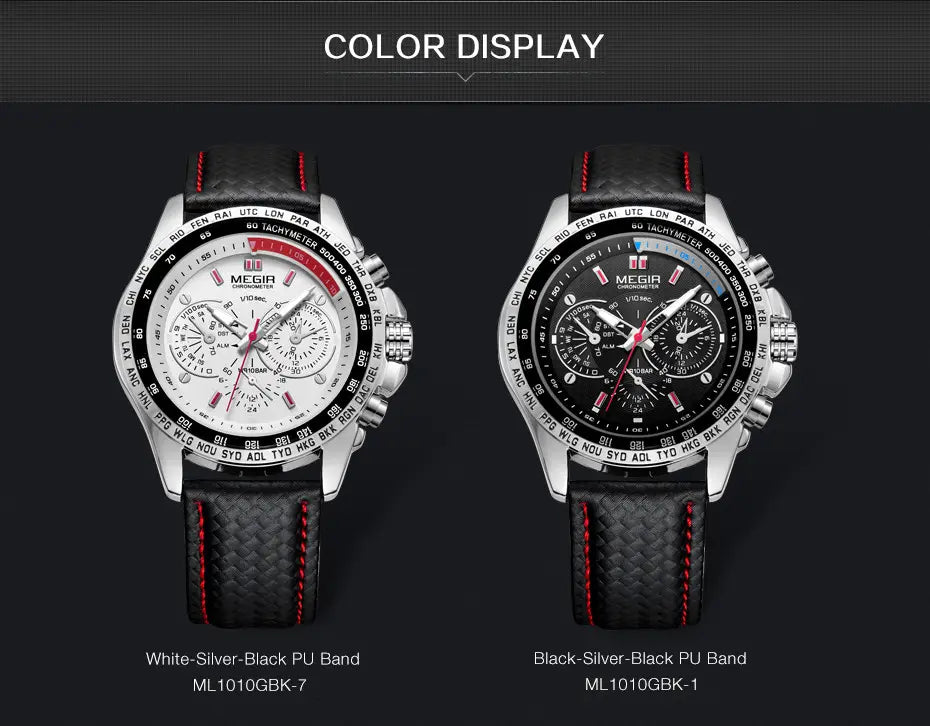 Megir 1010 men quartz chronograph watches with silver-toned cases, one featuring a white dial with pink accents and black leather strap, and the other a black dial with matching pink details and red leather strap.