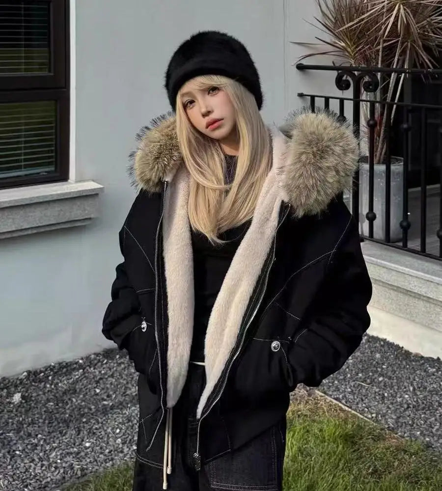 Winter Jackets Fur Collar Parkas Women Vintage Thicken Fleece Warm Jackets Streetwear Harajuku Hip Hop Padded Y2K Chic Outwear