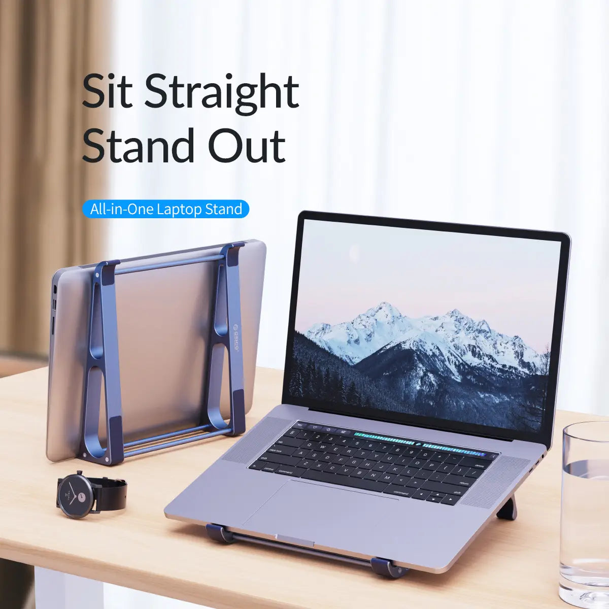 Blue metallic all-in-one aluminum laptop stand shown from the back side, designed as a portable desktop riser by Orico.
