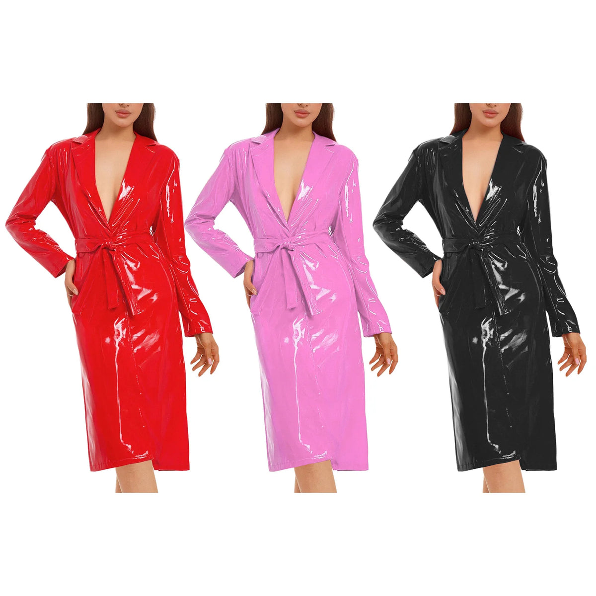 Women Men Fashion Glossy PU Leather Trench Coat Long Sleeve Lapel Open Front Jacket Outerwear with Belt Daily Wear Streetwear