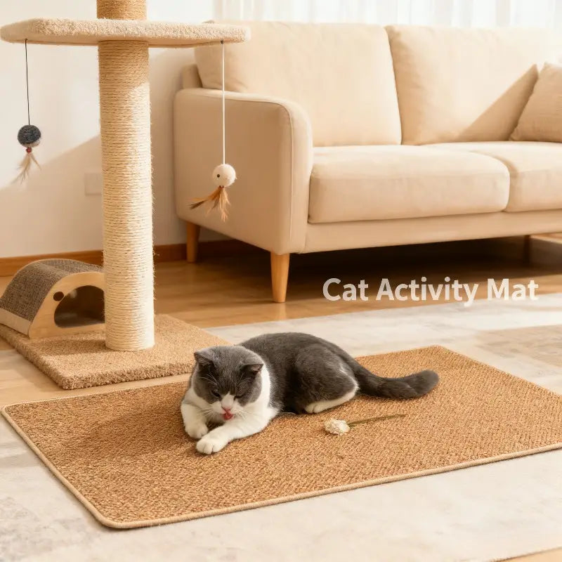 tapis d’activité rectangulaire pour chat beige, surface de sisal tressé texturé et bords arrondis, conçu comme protecteur de meubles contre les griffures