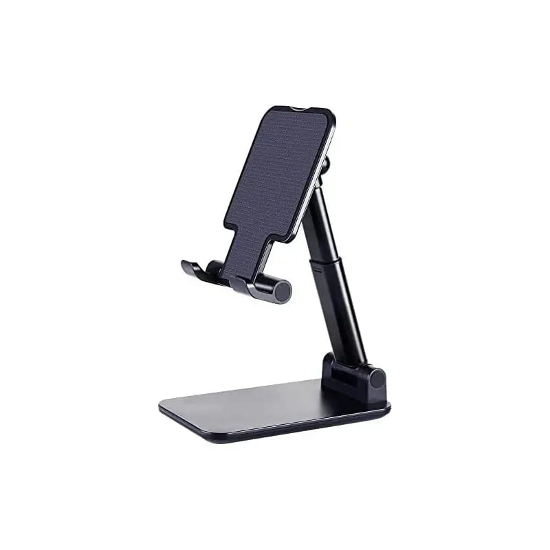 Support réglable pour téléphone de bureau et tablette en noir, au design minimaliste élégant et à la finition mate.