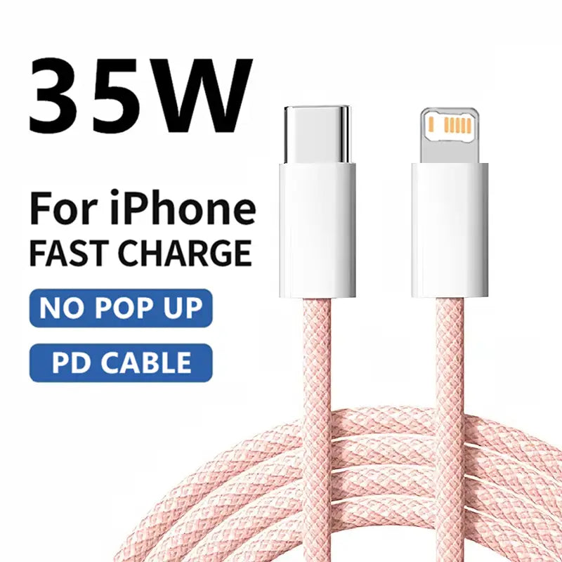 A pink braided usb-c to lightning cable designed for iphone fast charging with 35w power delivery.