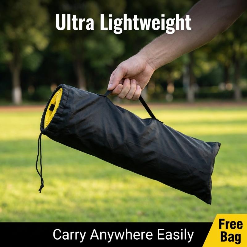 Schwarze ultraleichte Nylon-Tragetasche mit gelbem Innenfutter, ausgelegt für eine einfache Tragbarkeit der Agilitäts-Trainingsausrüstung Speed-Ladder mit Nylon-Gurten.