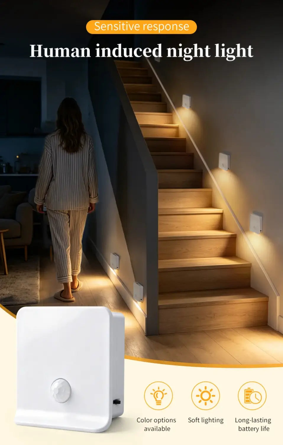 white rectangular motion sensor night light with circular sensor on the front rechargeable led cabinet lamp