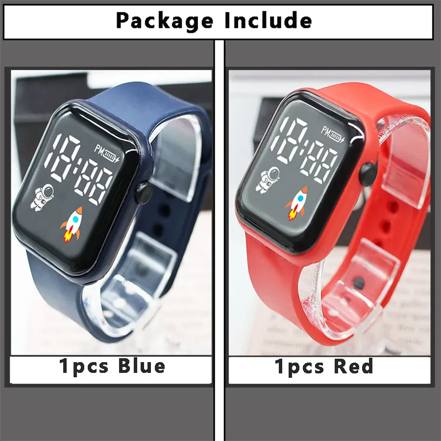 Montres électroniques pour enfants de type sport numérique LED bleues et rouges, avec graphismes d’astronaute et de fusée et bracelets en silicone pour garçons et filles