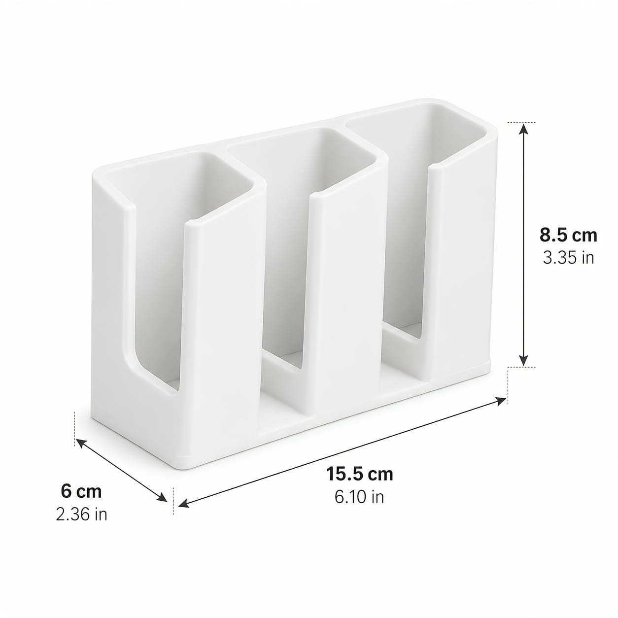 White plastic remote control organizer with three rectangular compartments for easy storage and organization.