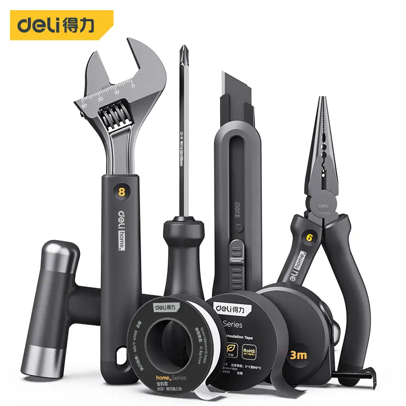 black and silver deli multitool hand repair tool kit featuring an adjustable wrench, screwdriver, utility knife, pliers, hammer, and rolls of insulation tape for versatile home maintenance tasks