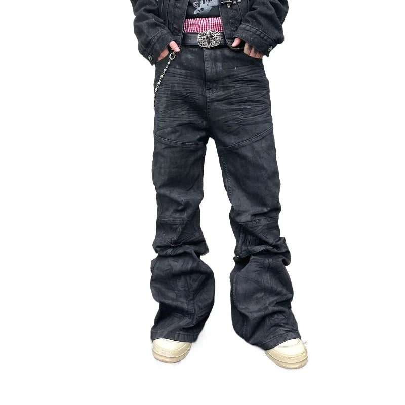 Denim Pant Men Stacked Jeans Vintage Pants Spliced Full Length Mid Waist Washed Straight Trousers Y2k High Street Casual Spring