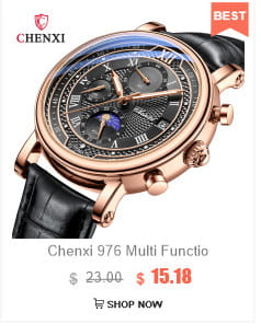 Megir military quartz watch brown leather with rose gold-toned chenxi 976 multi-functional chronograph, black dial, roman numerals, and black leather strap.