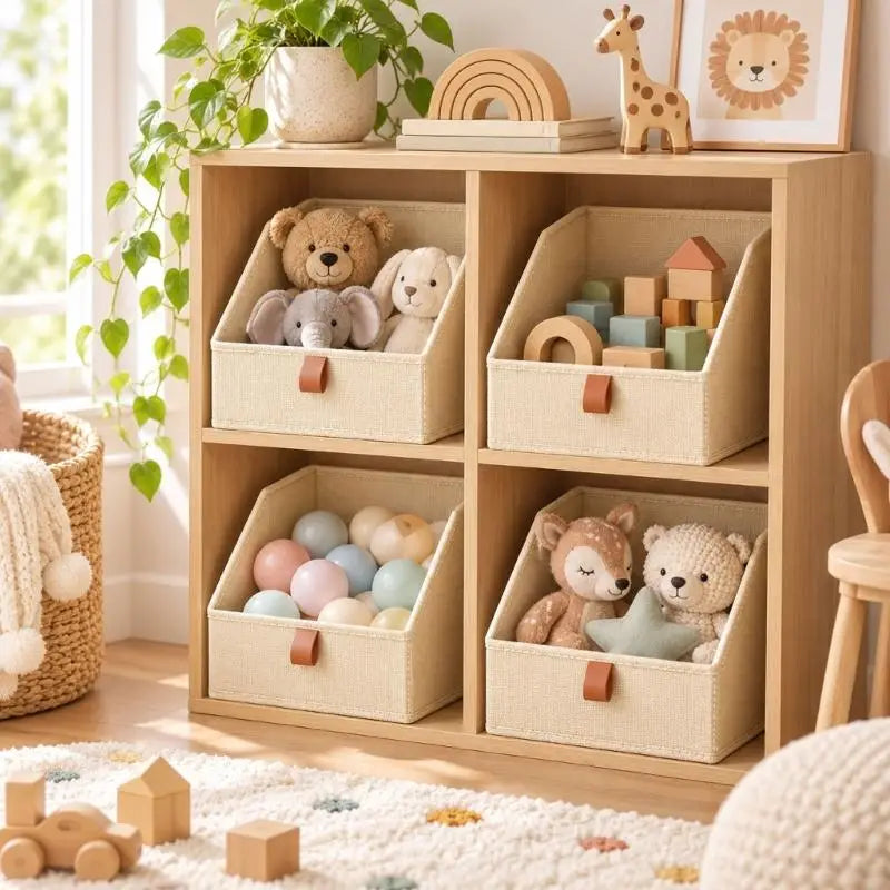 beige fabric storage baskets with brown leather-like handles neatly organized on wooden closet shelves package includes six fabric closet bins for efficient organization.