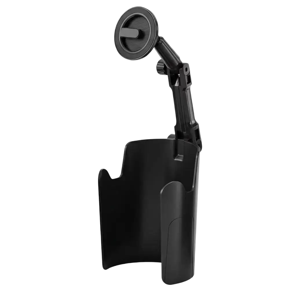 Black plastic car phone mount with strong magnet and adjustable arm fits cup holder for eye level viewing