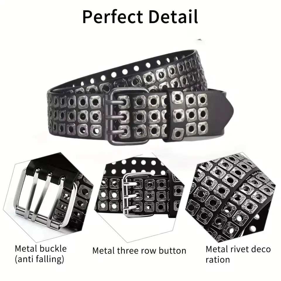 Black leather studded punk belt featuring rows of silver metal rivets and a sturdy triple-pronged metal buckle.