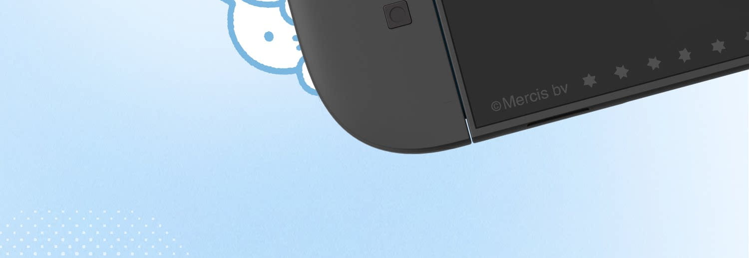 Consola Nintendo Switch negra con acabado mate e indentaciones sutiles con forma de estrella a lo largo del borde, mostrada con protector de pantalla de vidrio templado para Miffy Switch.
