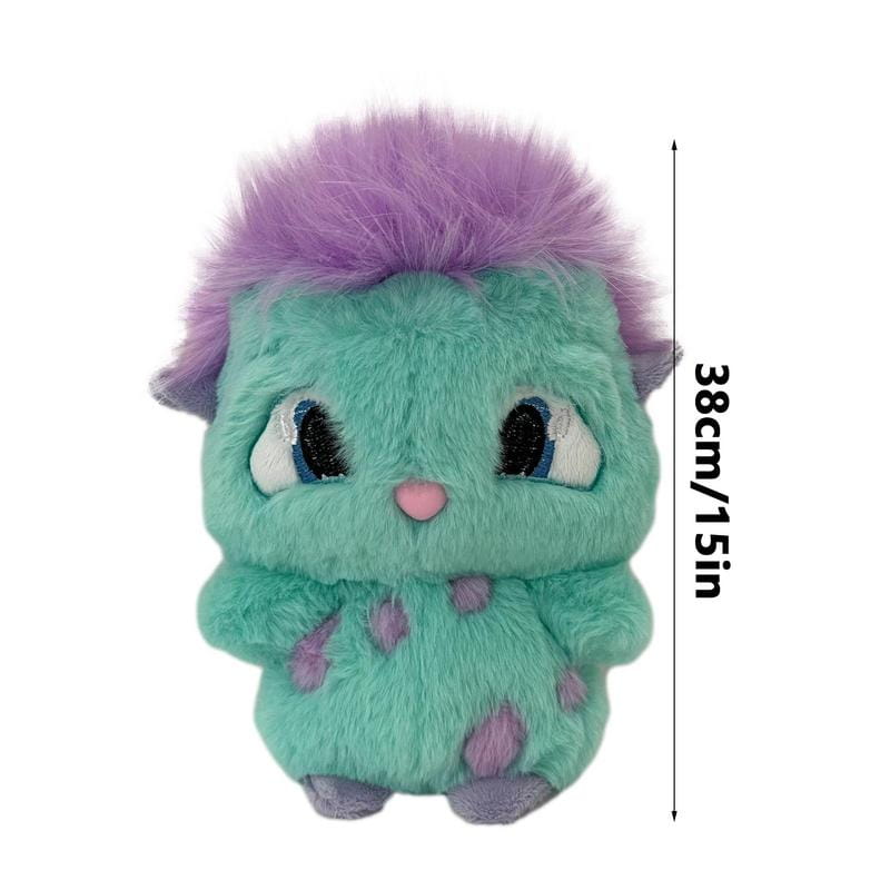 A bibble plush toy cute stuffed anime doll with teal fur, purple spiky hair and spots, blue eyes, pink nose, and gray feet.