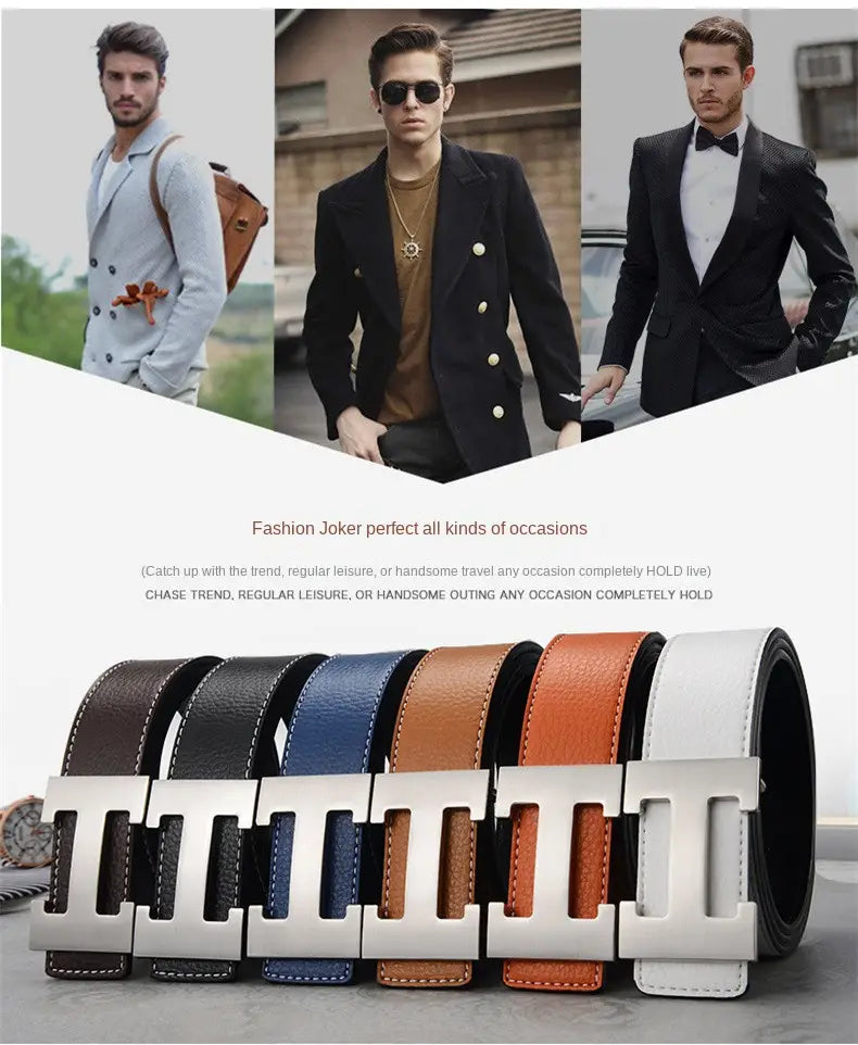 A collection of men’s leather h buckle belts featuring distinctive silver-toned h-shaped buckles and leather straps in black blue brown orange and white.