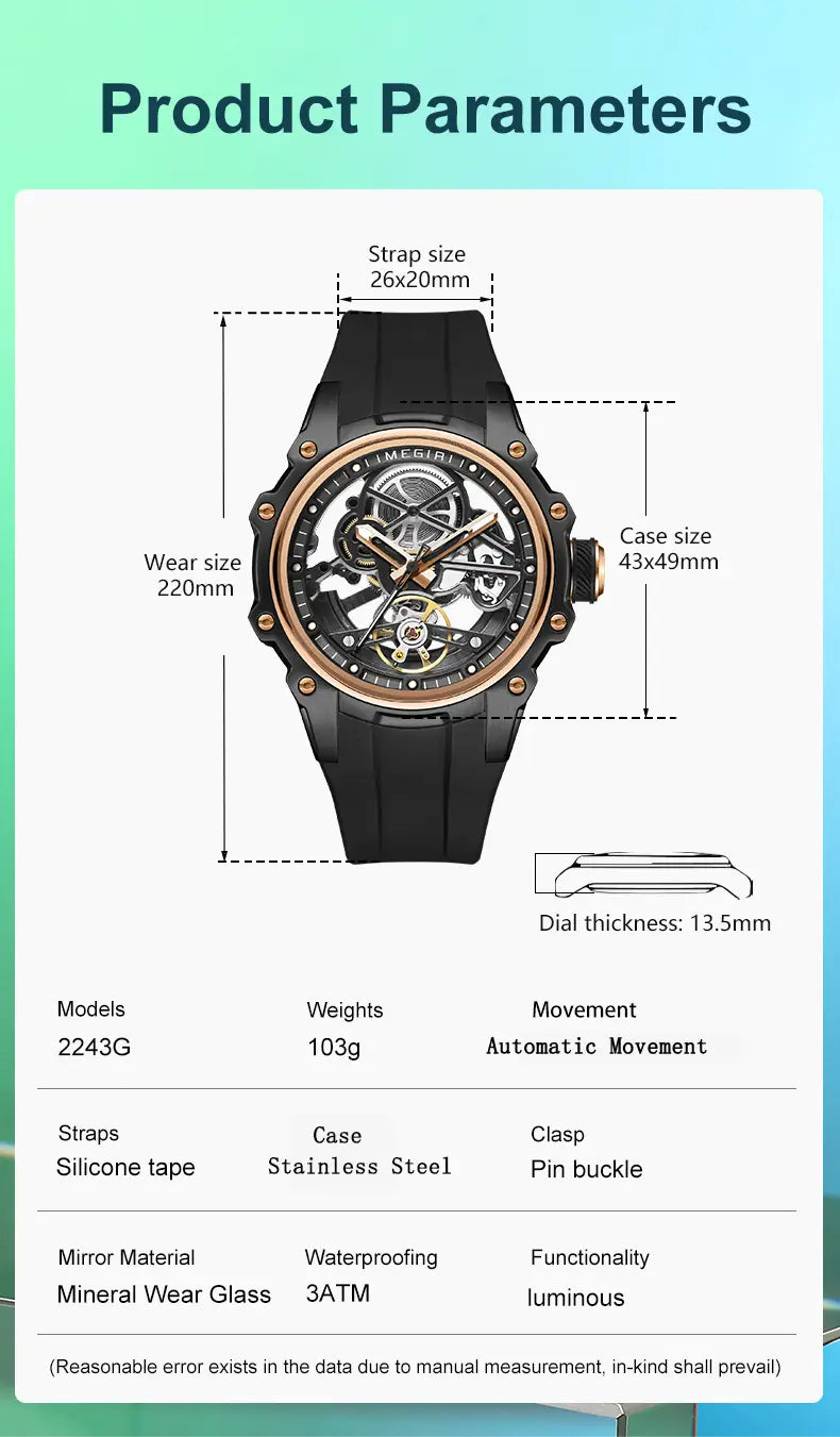 Megir automatic skeleton watch with a black silicone strap stainless steel case and rose gold accents featuring automatic movement and mineral glass dial.