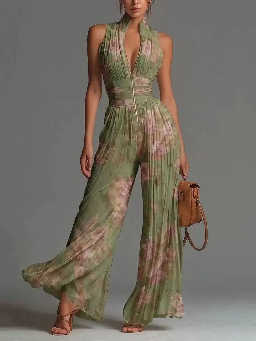 Women Elegant Pleated Chiffon Jumpsuits Sexy Zip-up Stand Collar Sleeveless Corset Slim Wide Leg Pants Casual Overalls Rompers