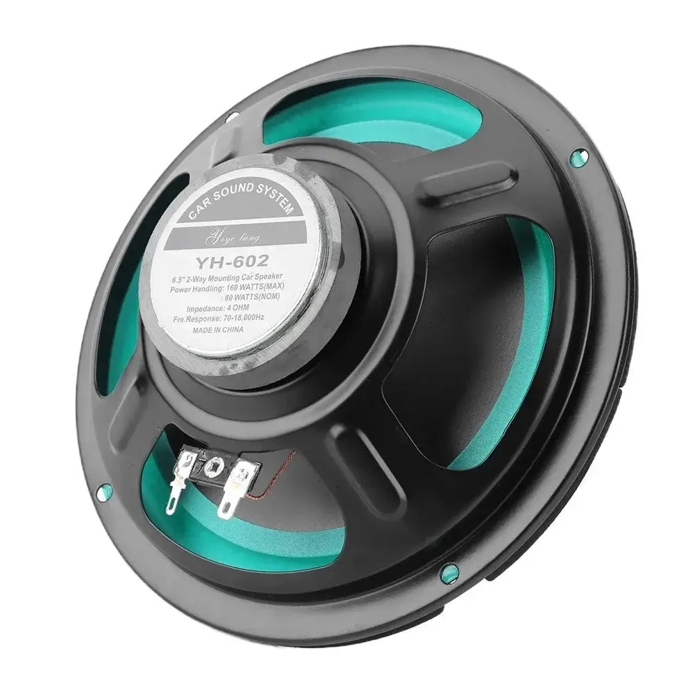Black and teal car speaker featuring a silver label reading yh-602 designed for universal hifi coaxial subwoofer audio stereo use.