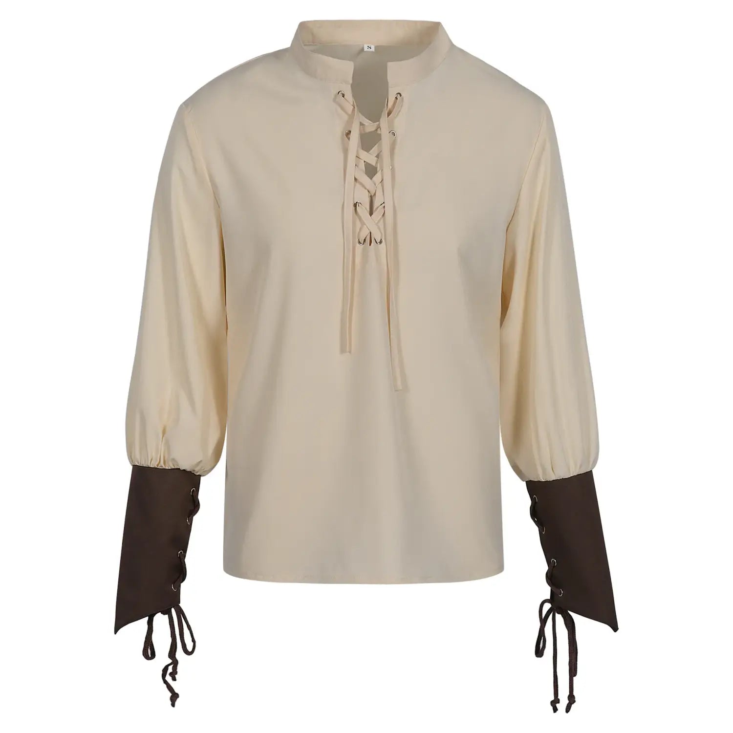 Beige mens pirate medieval renaissance long-sleeved shirt with dark brown lace-up cuffs and front lacing detail shown from the front.