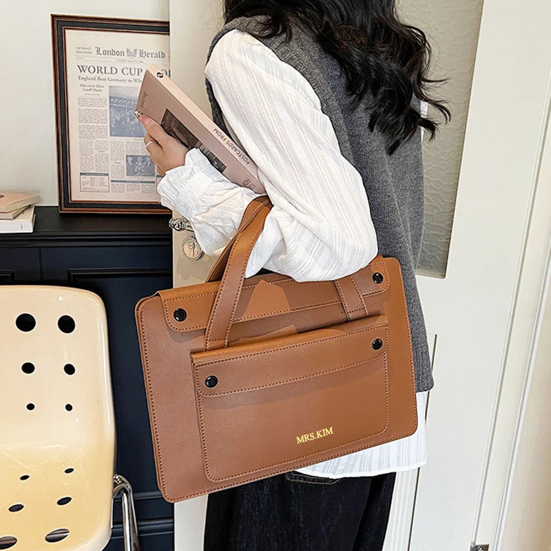 Business Office Luxury Personalized Briefcase Commuting Woman PU Leather Large Capacity Documrnt Bag Travel 14 Inch Laptop Bag