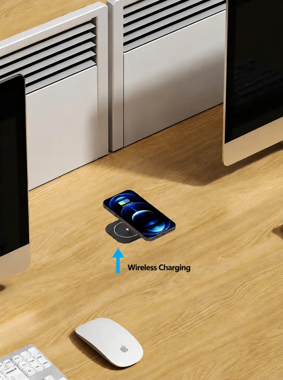 A sleek black smartphone rests on a circular black embedded wireless desktop charger with 15w fast charging and a glowing blue energy screen.