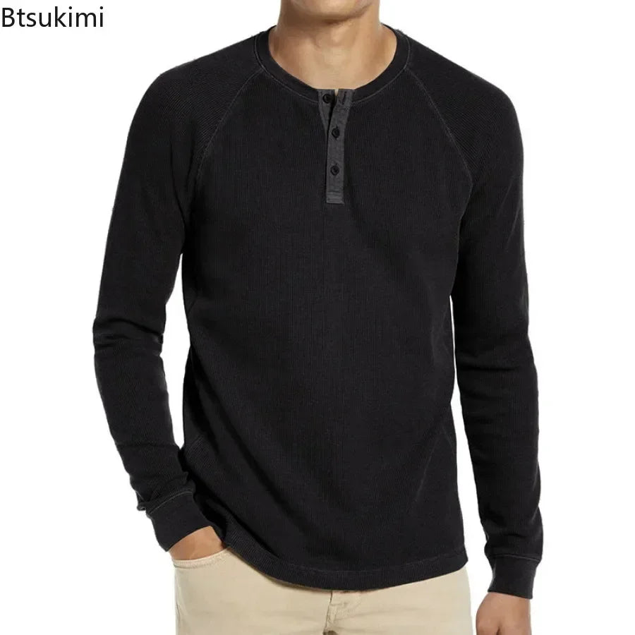 2026 Men's Long Sleeve Waffle T-shirts Fashion O-neck Bottoming Shirts Male Solid Button Casual Tops Soft Versatile Men's Shirts