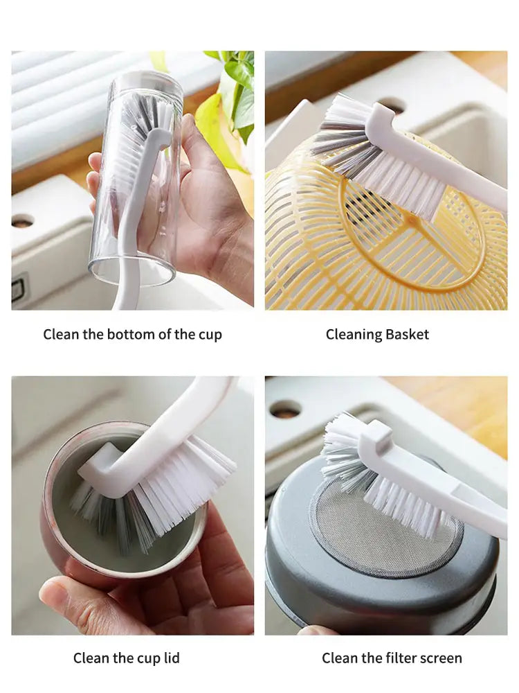 Cepillo de fregar de botellas y platos de plástico blanco con mango largo, con cerdas flexibles y un mango curvado, diseñado para limpiar la parte inferior de las tazas.