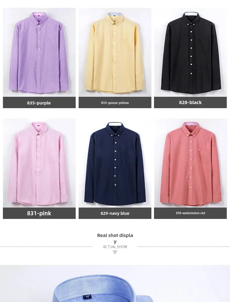 A collection of six men’s light blue oxford button-down shirts in solid colors including purple, yellow, black, pink, navy blue, and watermelon red for casual long sleeve wear.