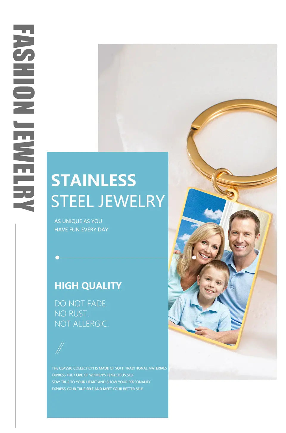 gold-colored stainless steel custom photo rectangle keychain with a personalized family portrait in a rectangular frame and stainless steel ring