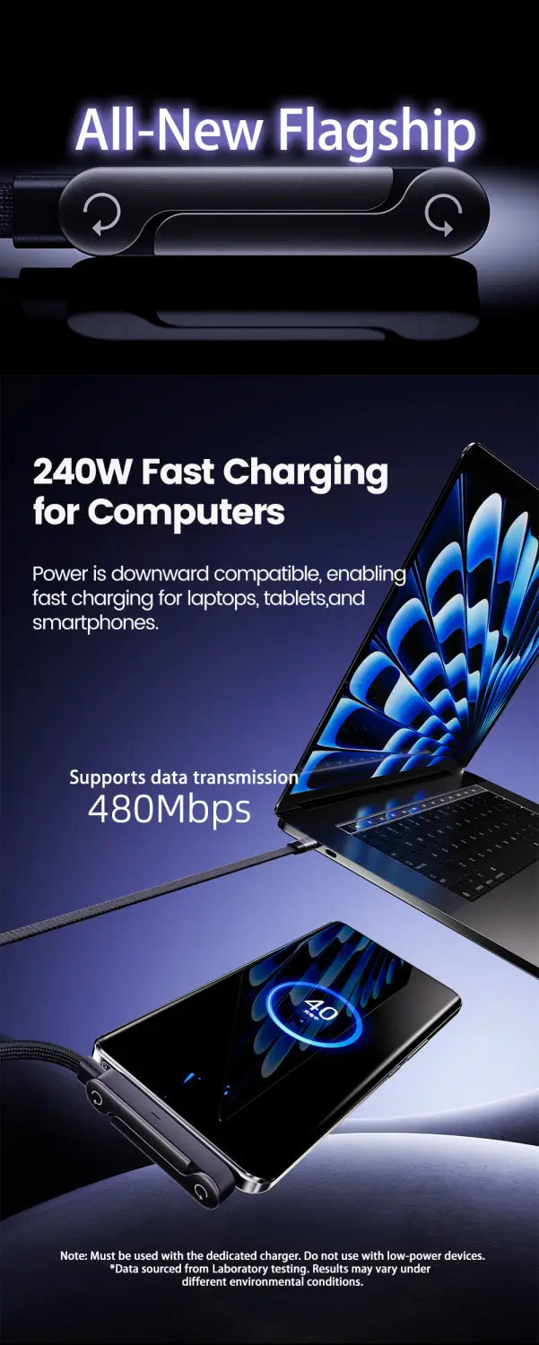 black 240w fast charging usb-c and thunderbolt cable designed for laptops tablets and smartphones shown with 65w usb-c fast charging cable and phone holder