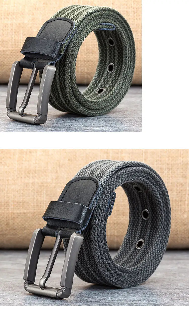 Ceinture pour homme en toile tissée vert olive avec accent en cuir noir et boucle à épingle mate à tons argentés.
