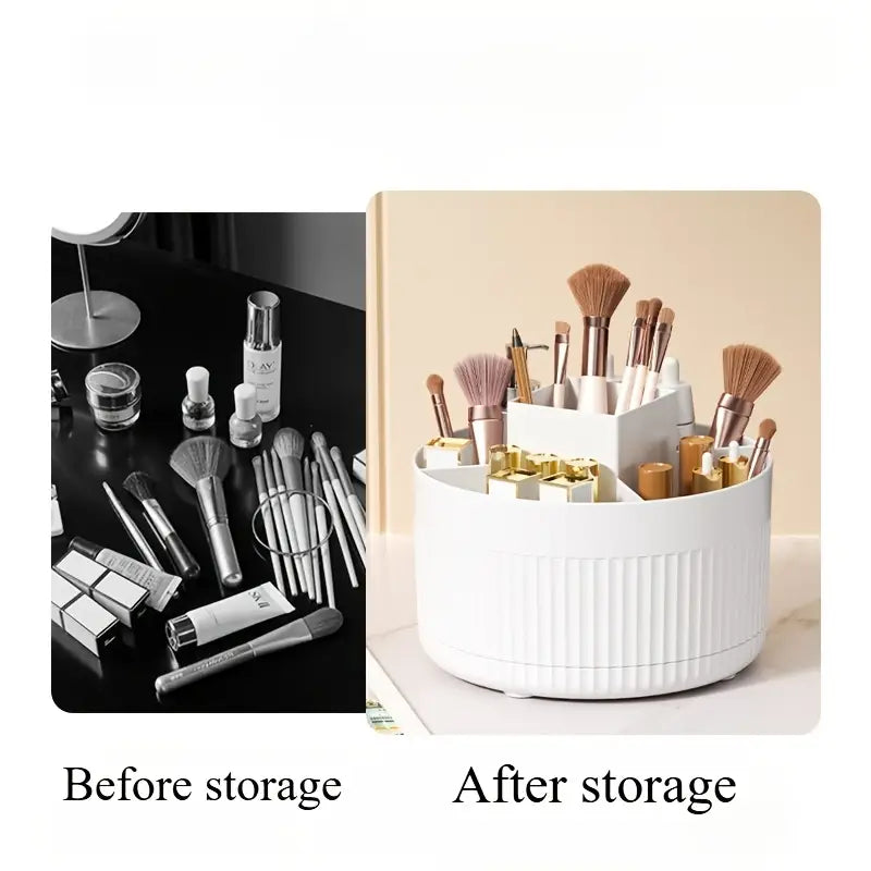 Weißer gerippter Kunststoff-Dreh-Kosmetikorganizer mit Aufbewahrungsbox für Make-up-Pinsel und Lippenstift.